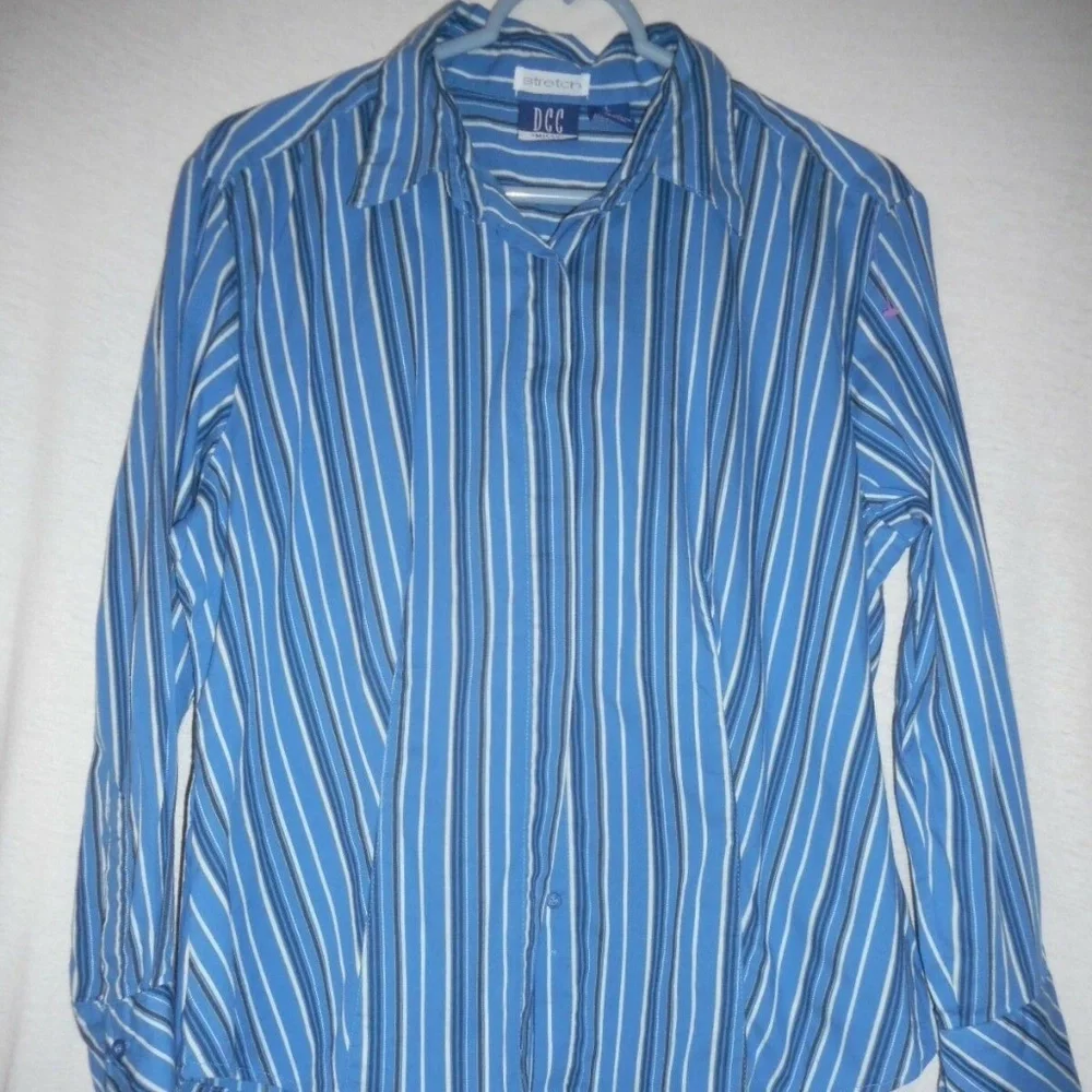 Blue White Black Striped Size L Striped Blouse top - Picture 1 of 6